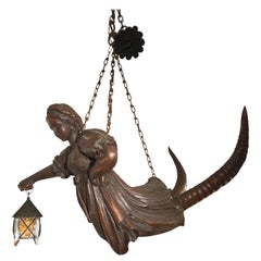 Lustre ancien en bois sculpté à la main:: Lusterweibchen:: sculpture avec lanterne