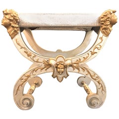 Fine Antique Italian Cerule Stool Bench with Detailed Cherub Carvings in Gilt