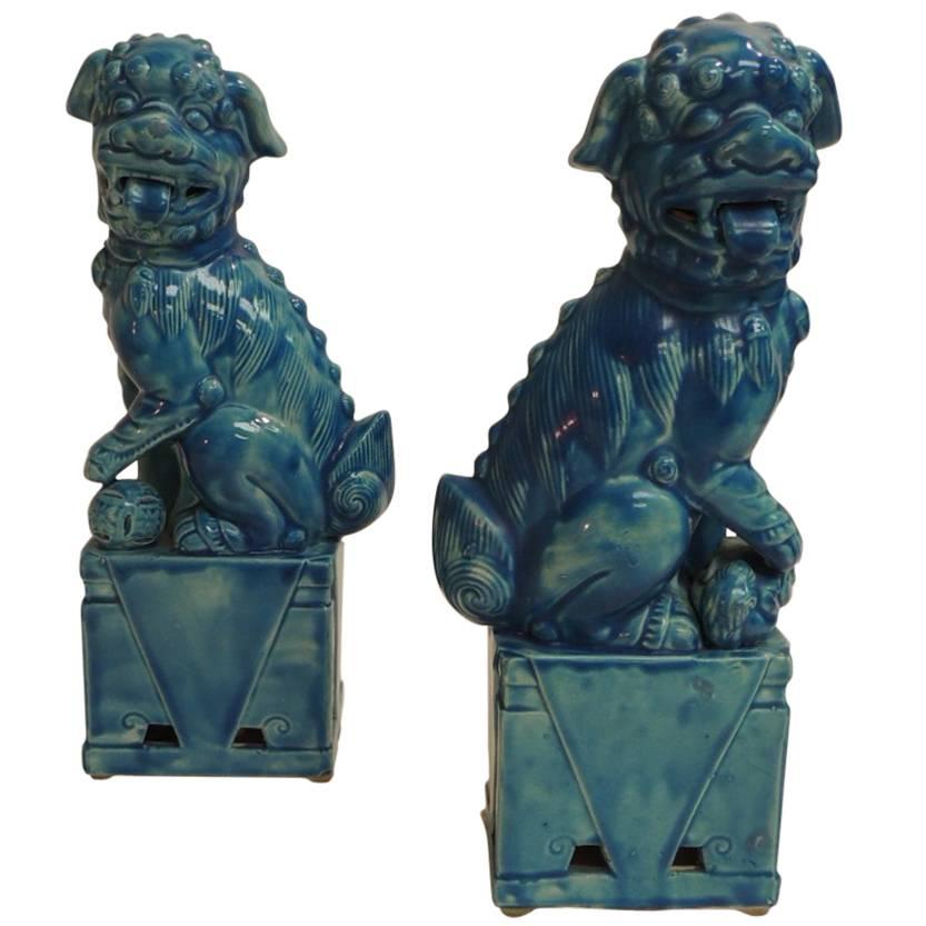 CLOSE OUT SALE: Pair of Vintage Ceramic Turquoise Foo Dog on Stand