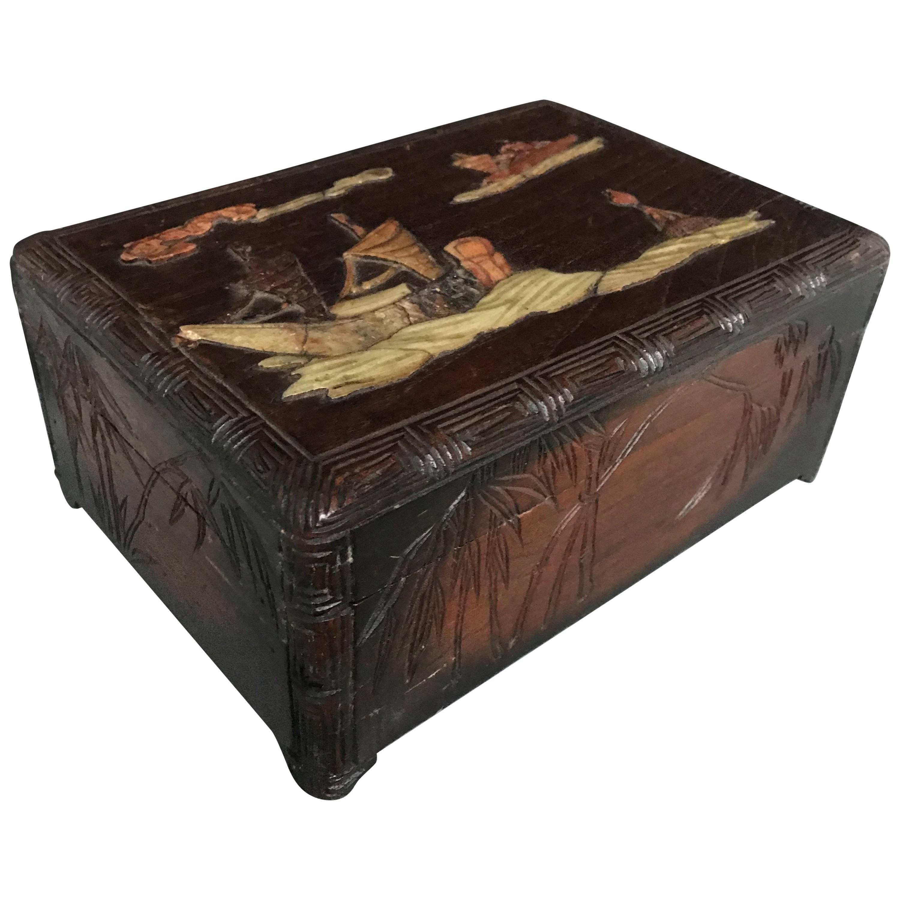 Antique Hand-Carved Chestnut Box in Asian Bamboo Style Inlaid with Soapstone For Sale