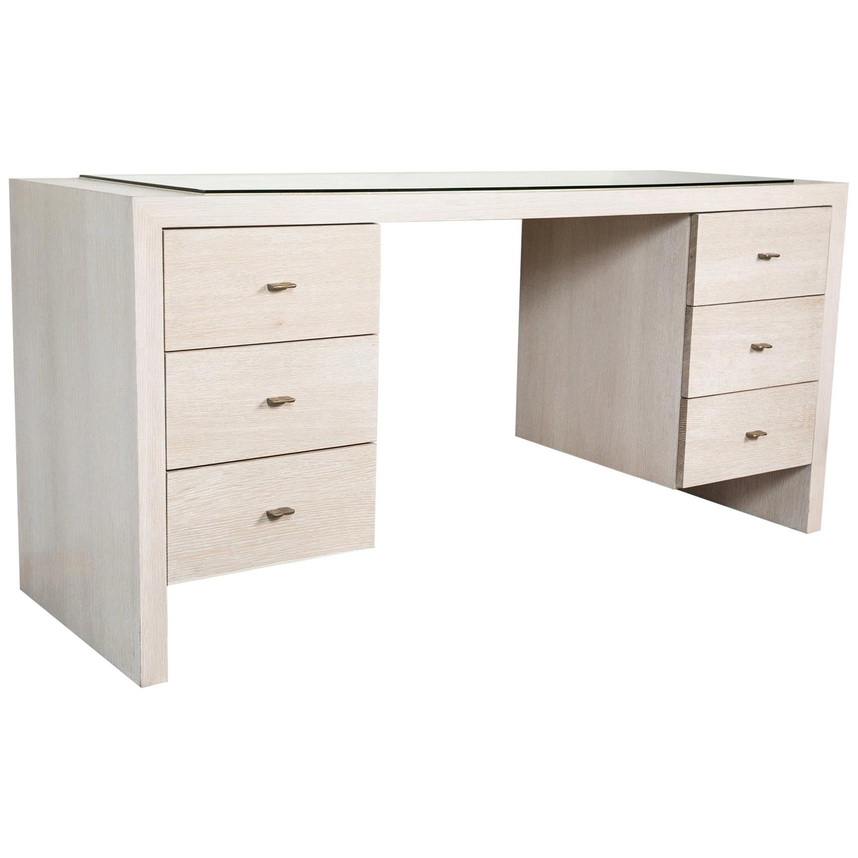 Modern Desk in Bleached Oak with Brass For Sale