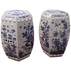 Antique Pair of Chinese Hexagonal Blue and White Garden Seats