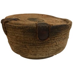 19th Century African Woven Basket Food Storage Container with Leather Details