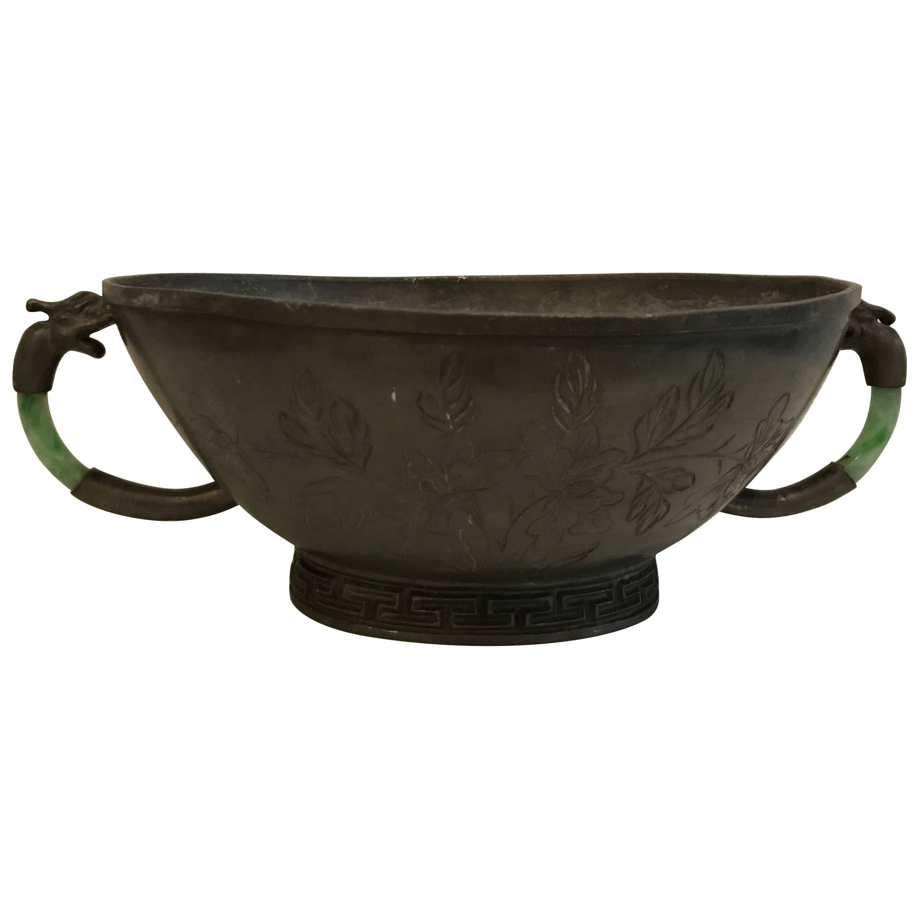 Early 20th Century Pewter/Jade Handled Chinese Cachepot