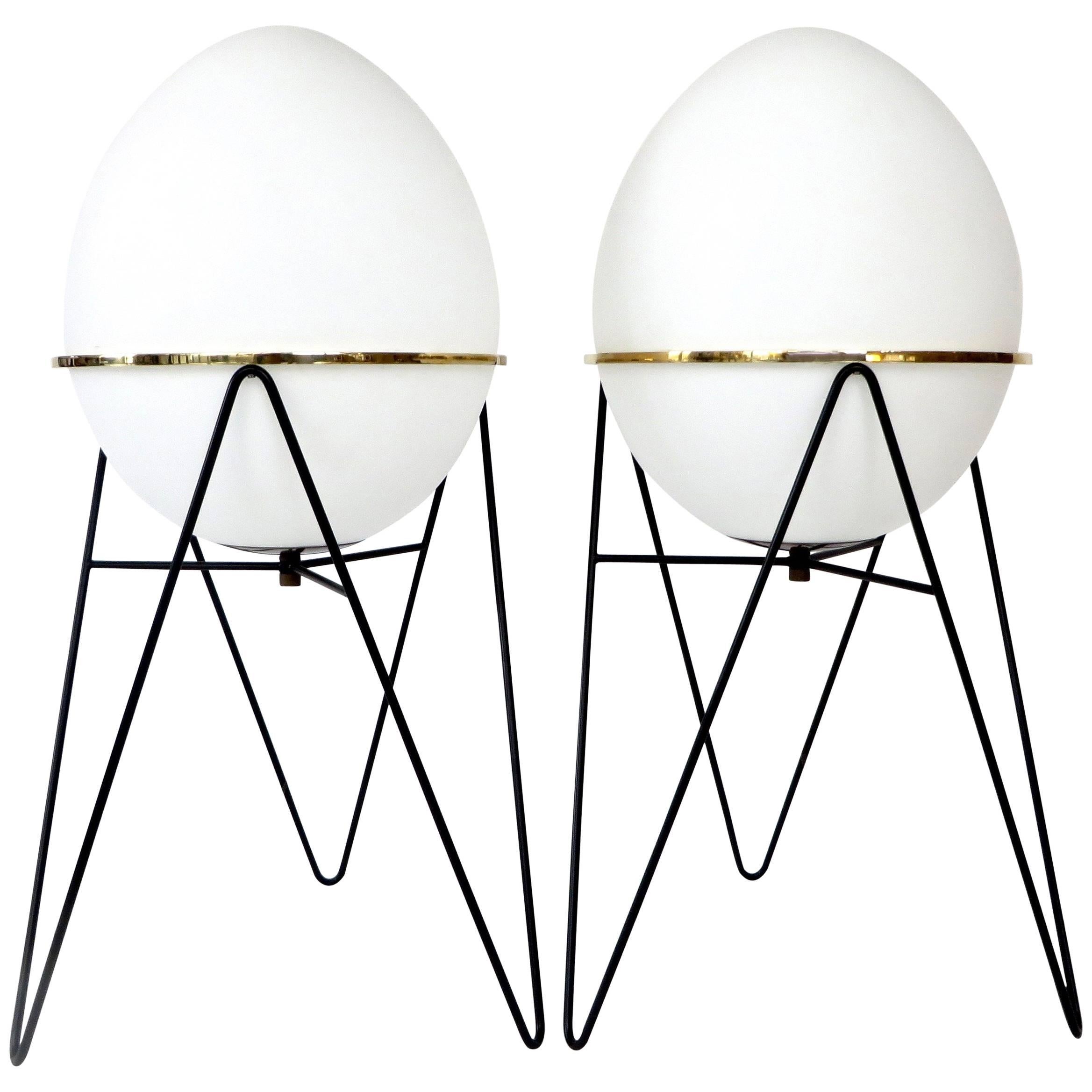  Stilnovo Pair of Egg or Novo Opaque Glass and Iron Frame Floor Lamps 