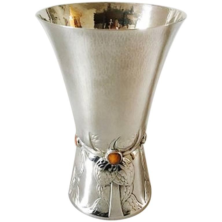 Georg Jensen Silver Vase with Amber Stones #116 For Sale