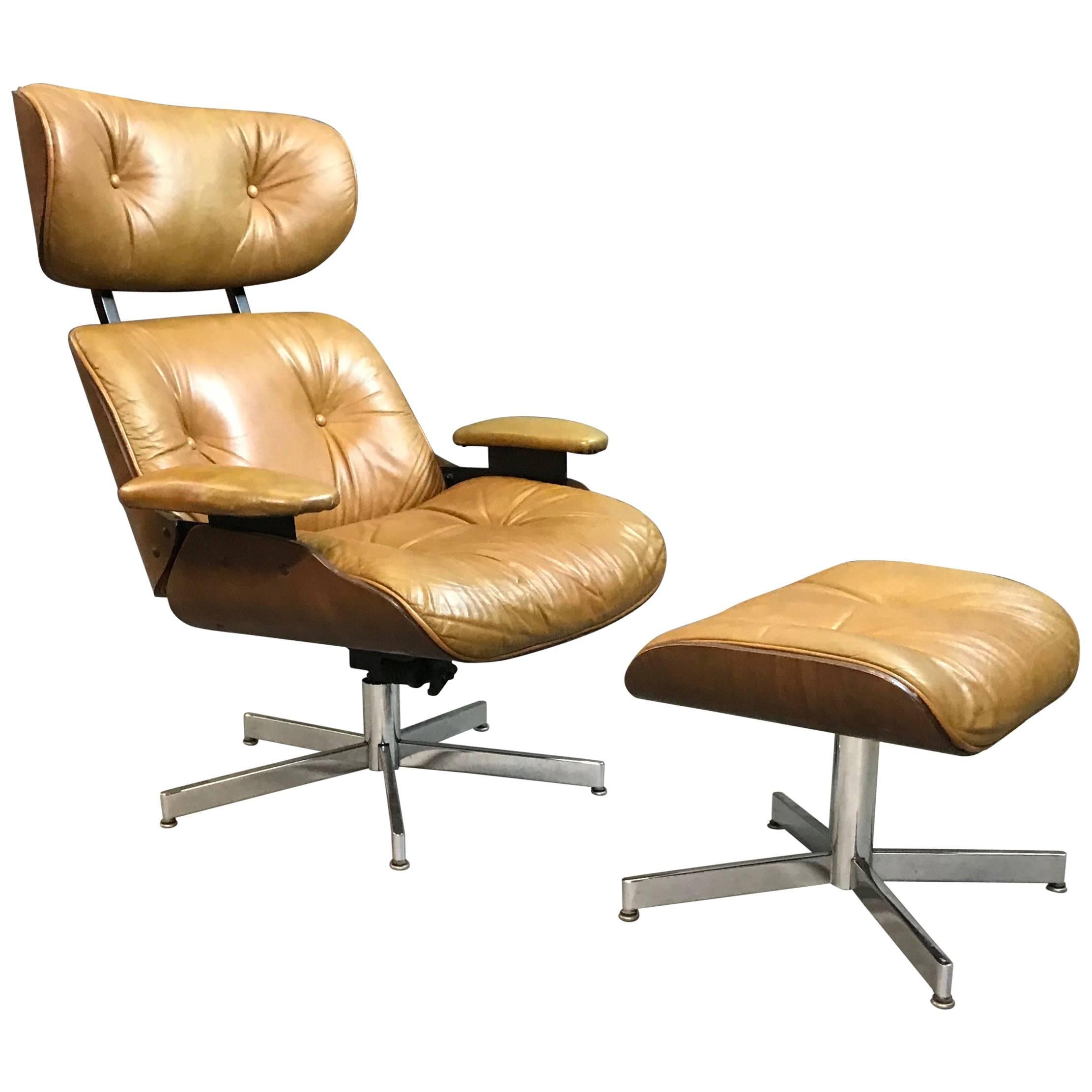 George Mulhauser for Plycraft Tan Leather Lounge Chair and Ottoman