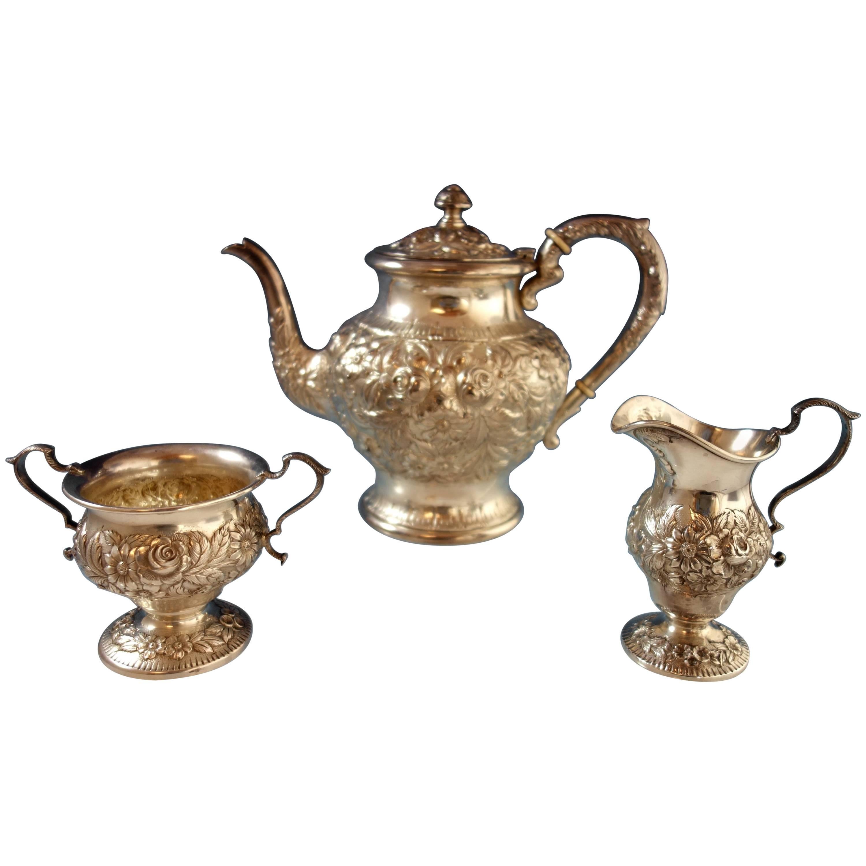 Repousse by Kirk Sterling Silver Tea Set Three-Piece #184AF Hollowware