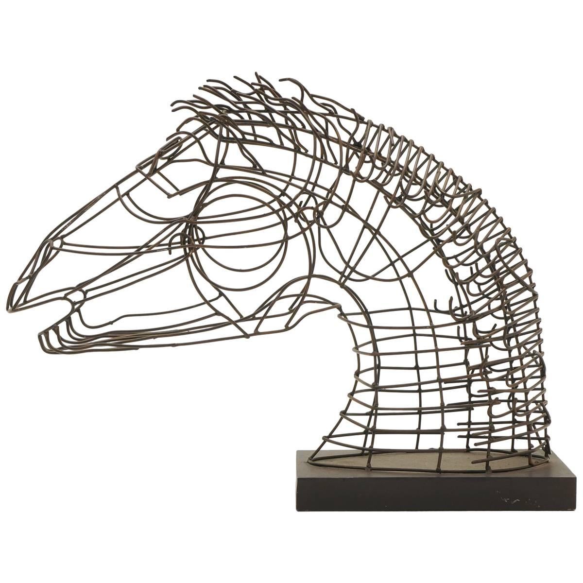 Wire Table Top Horse Sculpture Mounted on a Wood Base For Sale