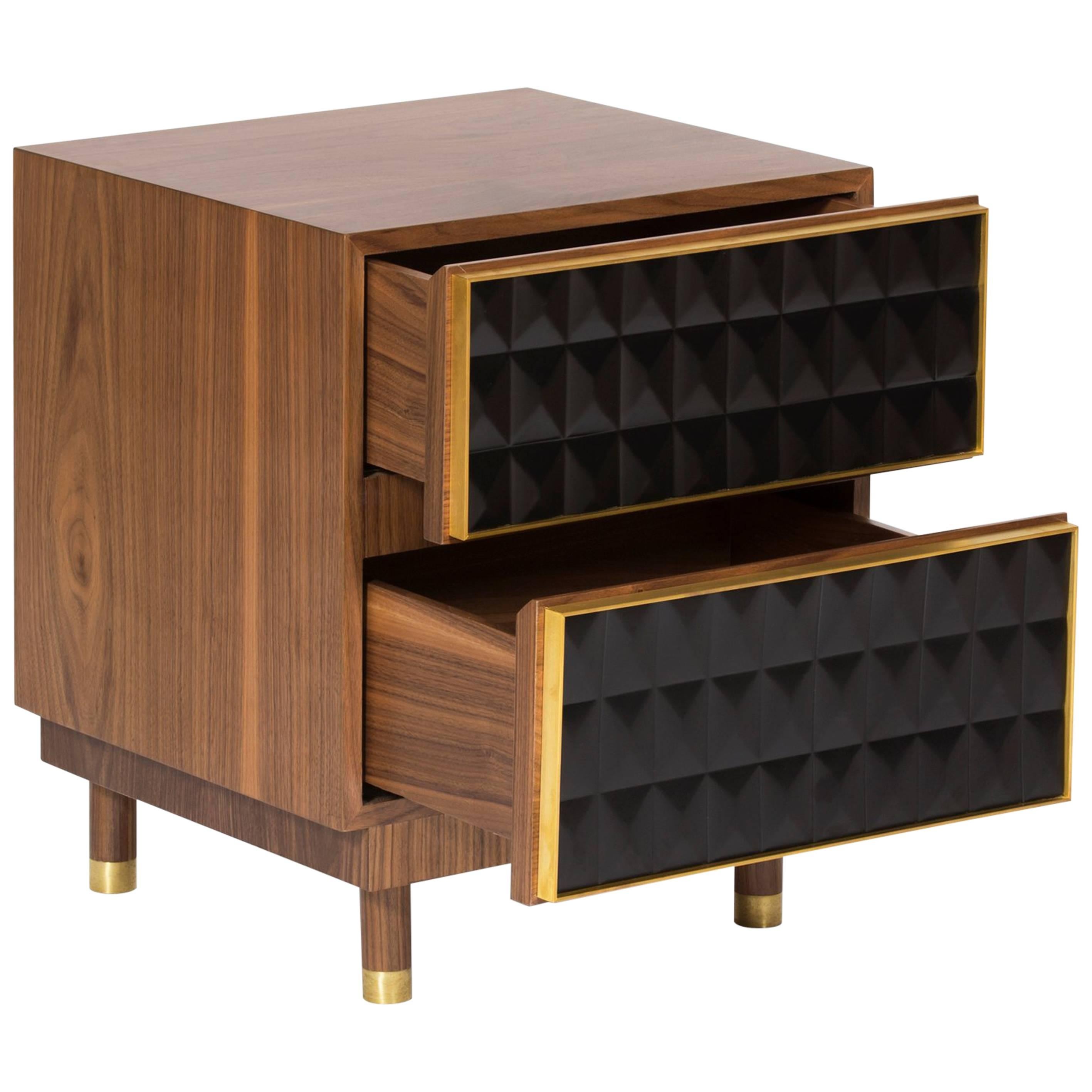 Nightstand in Brass and Walnut, Geometric Paneled Cabinets For Sale