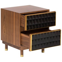 Nightstand in Brass and Walnut, Geometric Paneled Cabinets