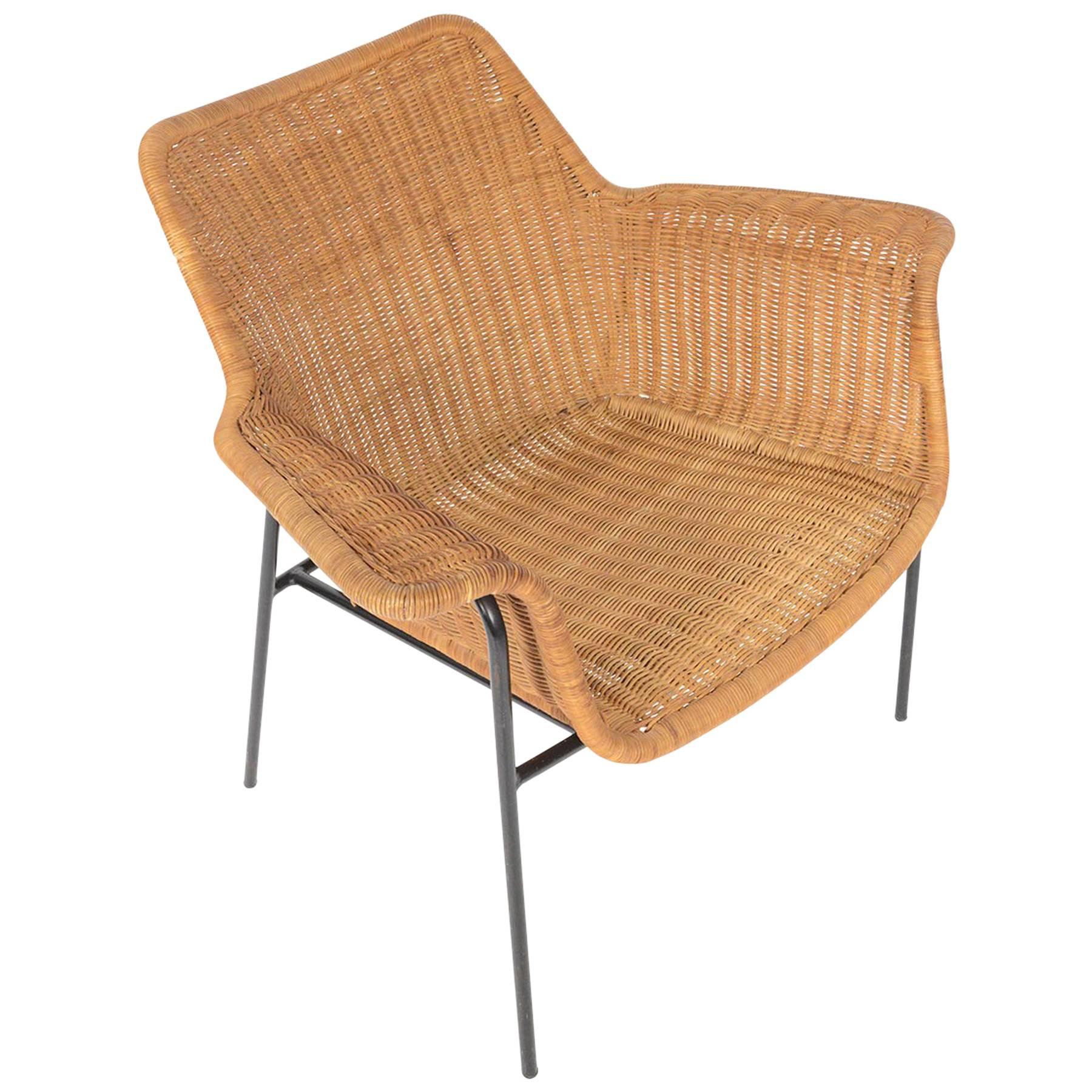 Danish Modern Wicker and Iron Lounge Chair