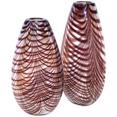 Formia 1970s Two Fenicio Feather Decorated Purple Brown Murano Art Glass Vases