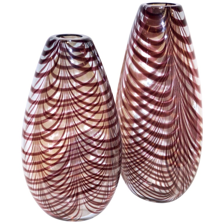 Formia 1970s Two Feather Decorated Purple Brown Crystal Murano Art Glass Vases For Sale at 1stDibs