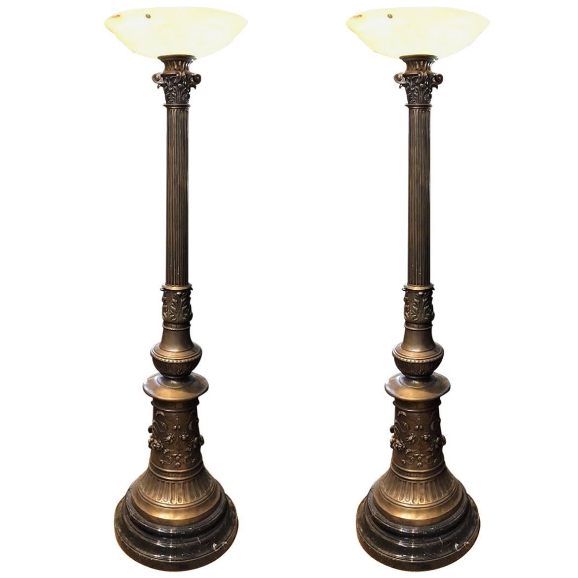 Magnificent Pair of Ornate Bronze Torchieres Floor Lamps with Alabaster Shades