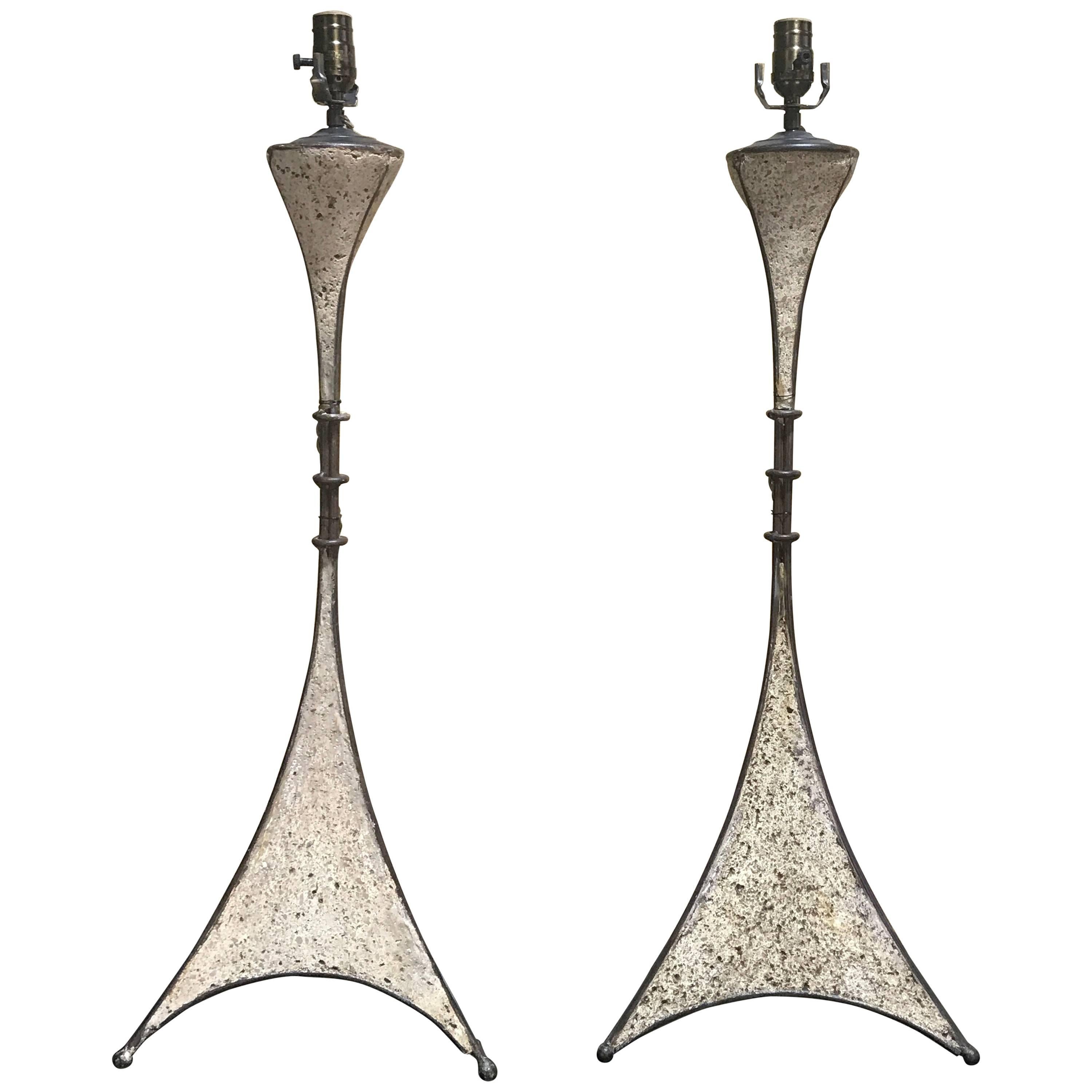 Pair of French Modern Cast Stone and Iron Lamps