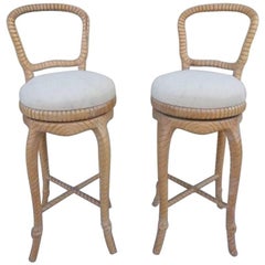 Pair of Carved Wood Swivel Bar Stools
