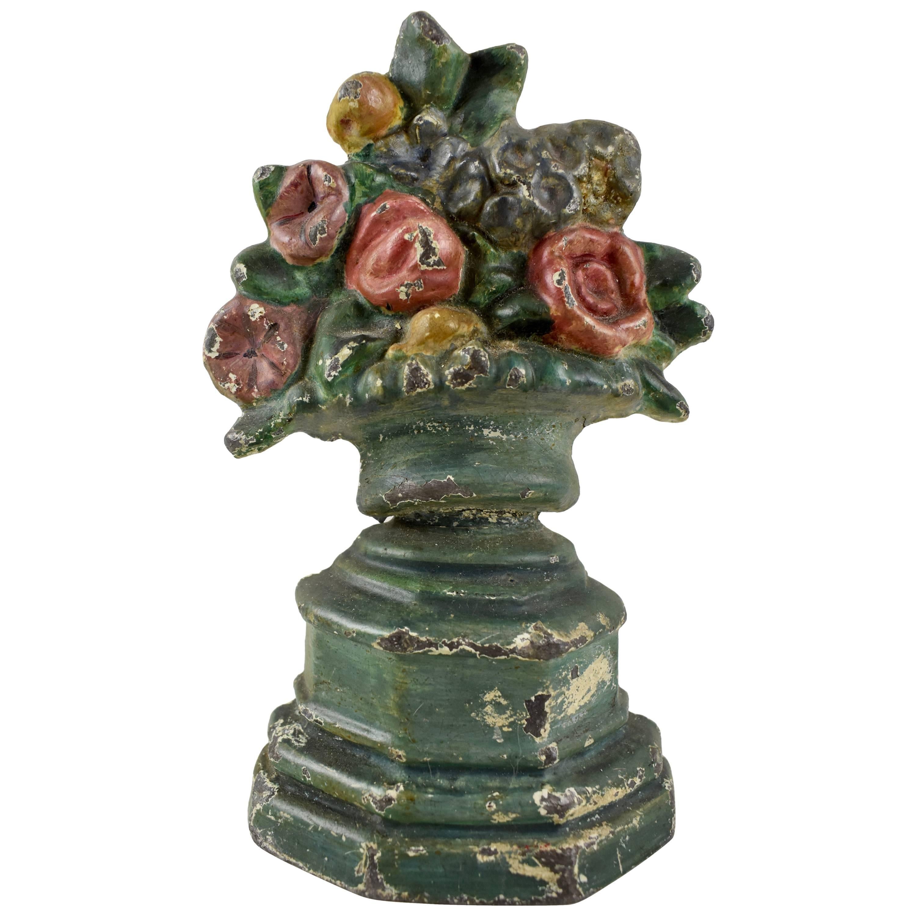 1930s Hubley Cast Iron Petite Floral and Green Urn Bouquet Doorstop