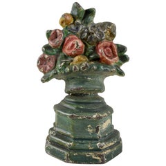 1930s Hubley Cast Iron Petite Floral and Green Urn Bouquet Doorstop