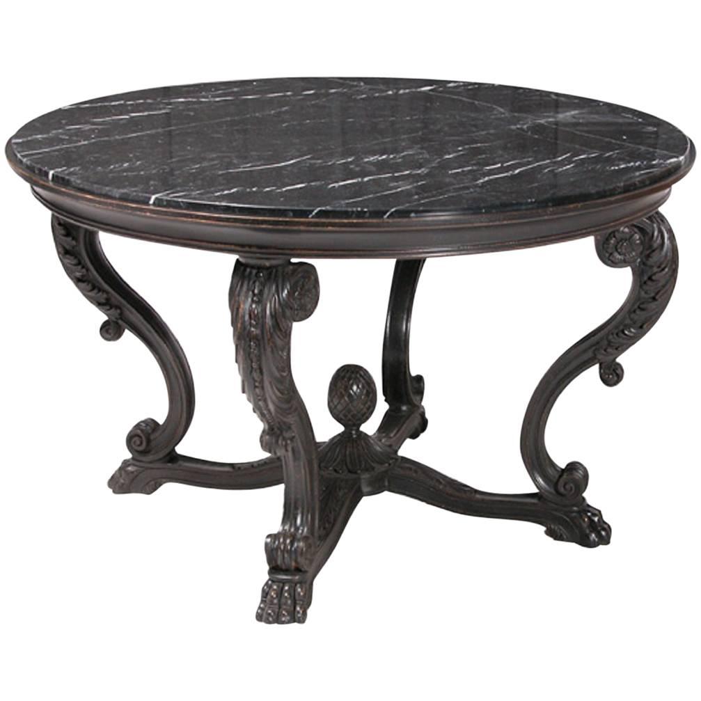 Round Empire Style Black Marble Center Table Hand-Carved Base For Sale