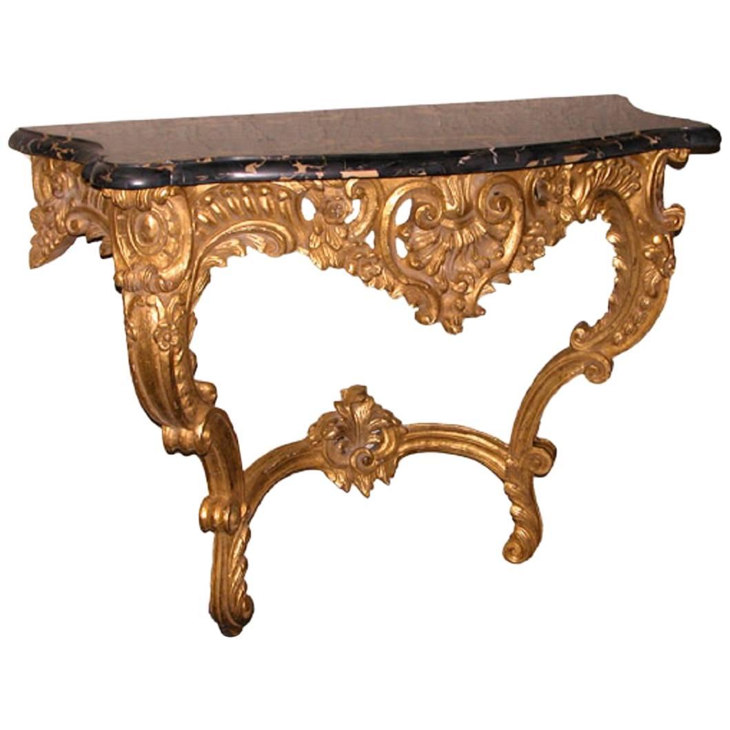 Hand-Carved Wood and Marble Wall Mounted Console in Gold Gilt For Sale