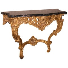 Hand-Carved Wood and Marble Wall Mounted Console in Gold Gilt