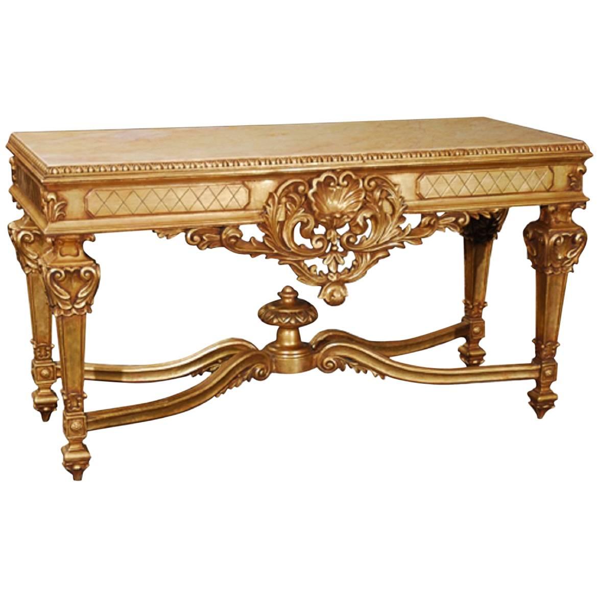 Louis XVI Style Hand-Carved Console with Italian Marble and Antiqued Gold Gilt For Sale