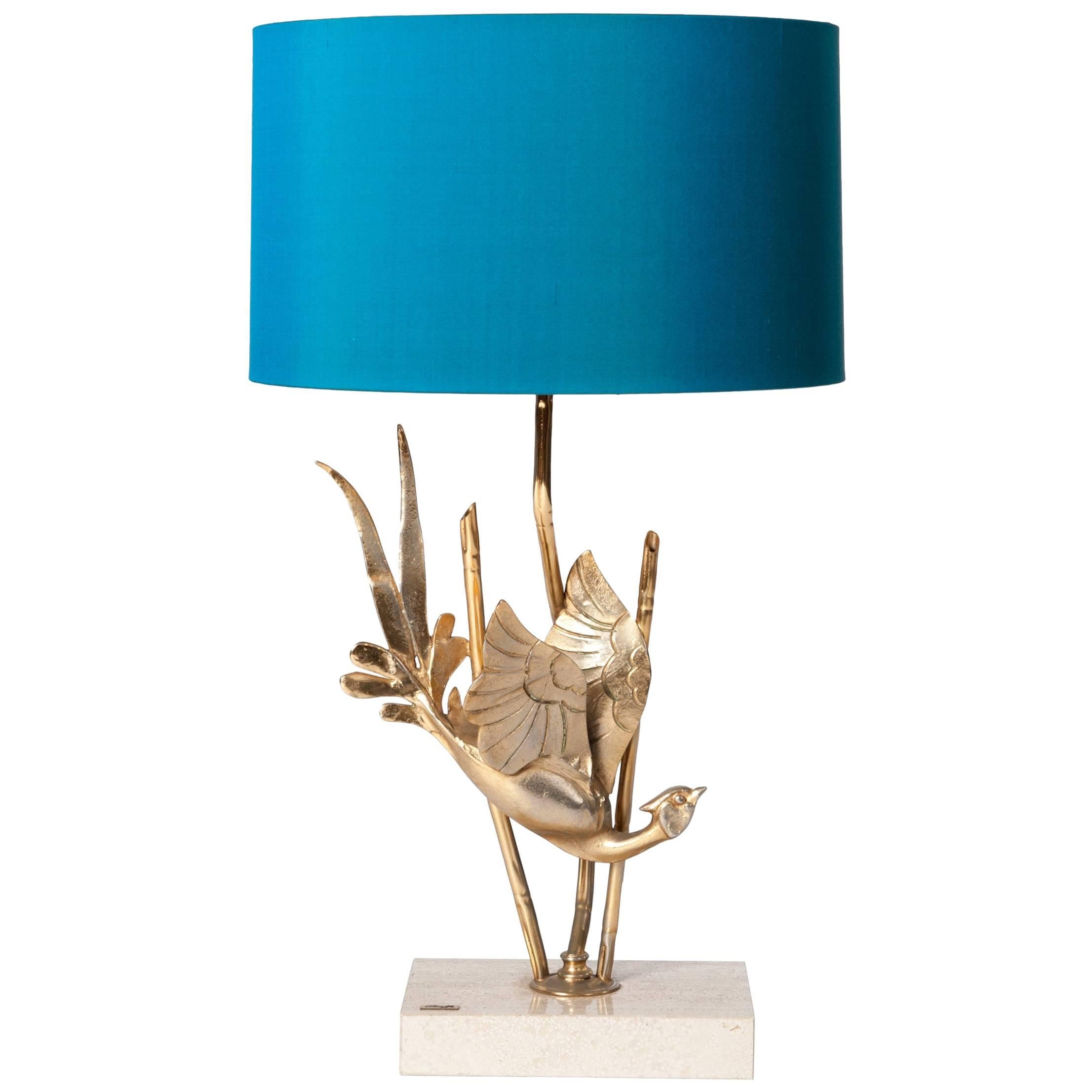 Midcentury Italian Brass Sculptured Table Lamp Sign, Pieffe Turquois Lamp Shade