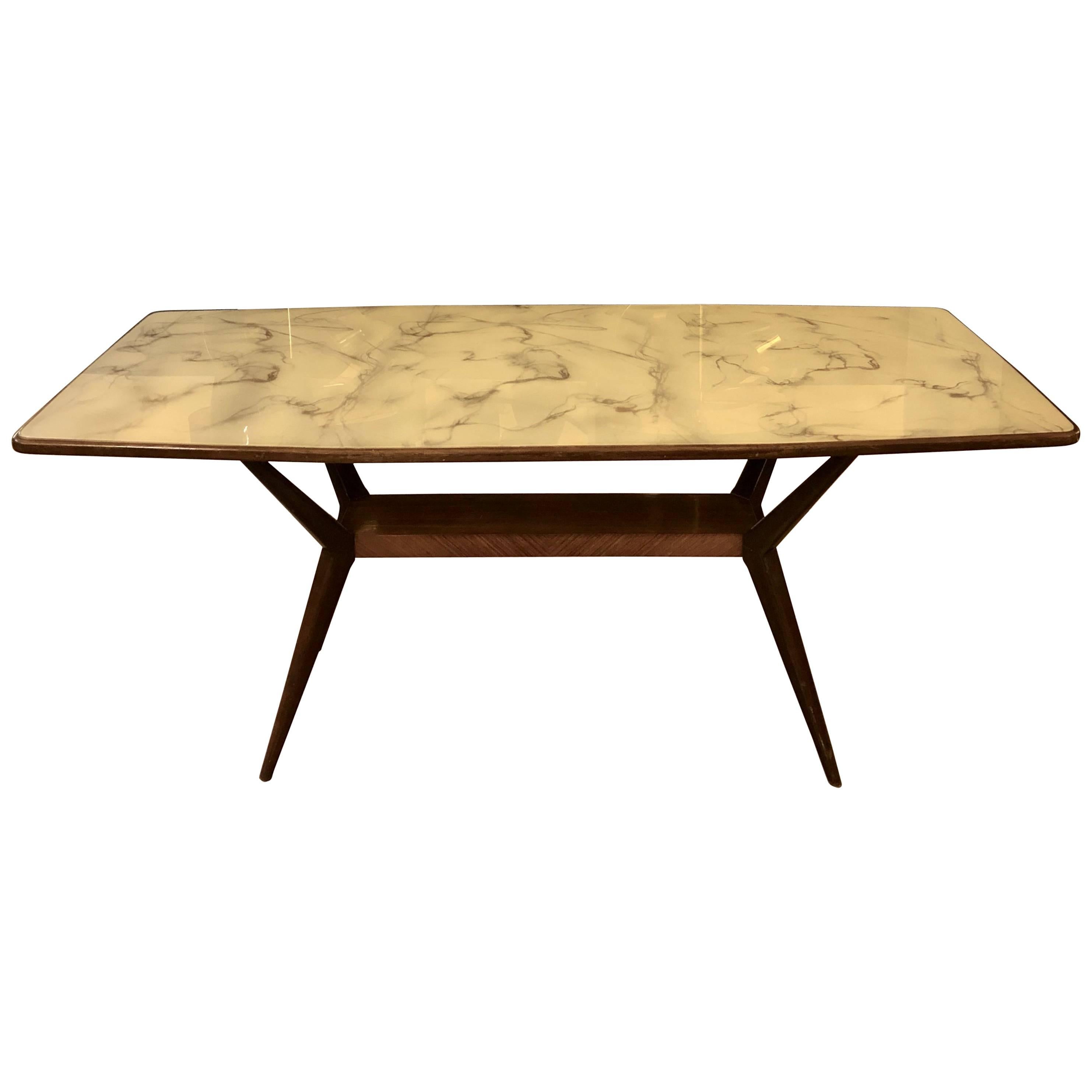 Mid-Century Modern Rosewood Spider-Leg & White Marbled Murano Glass Dining Table