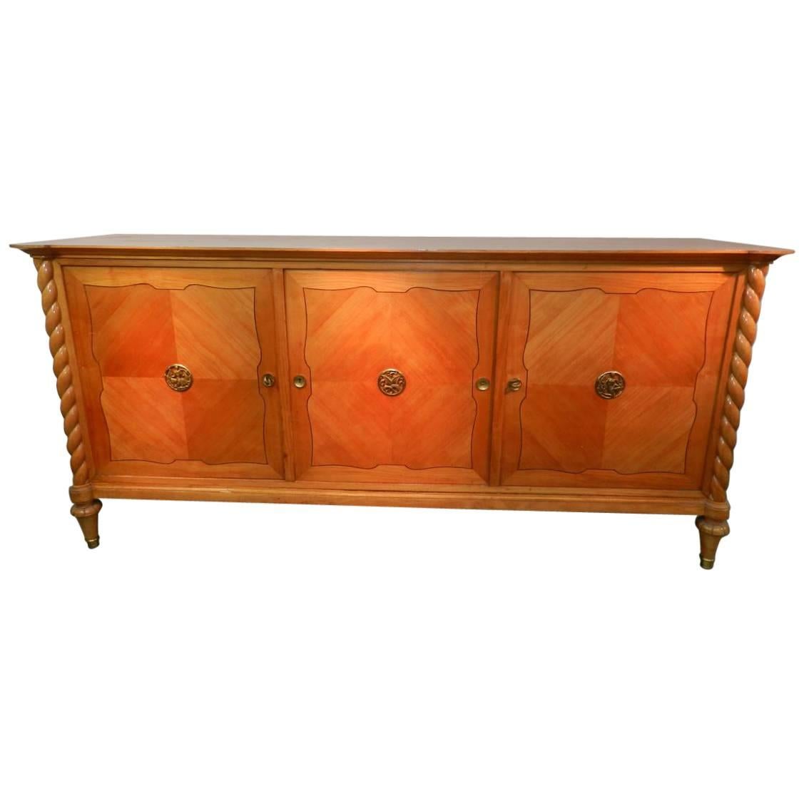 Art Deco Cherry Wood Sideboard circa 1940-1950, Lovely Bronzes For Sale