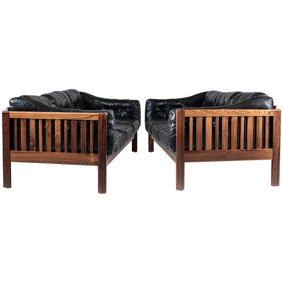 Scandinavian Midcentury Rosewood and Black Leather Sofas "Monte Carlo", 1965