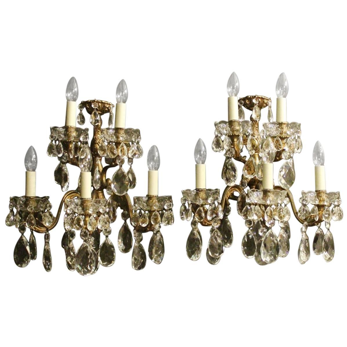 Italian Pair of Gilded Bronze and Crystal Five-Arm Antique Wall Lights