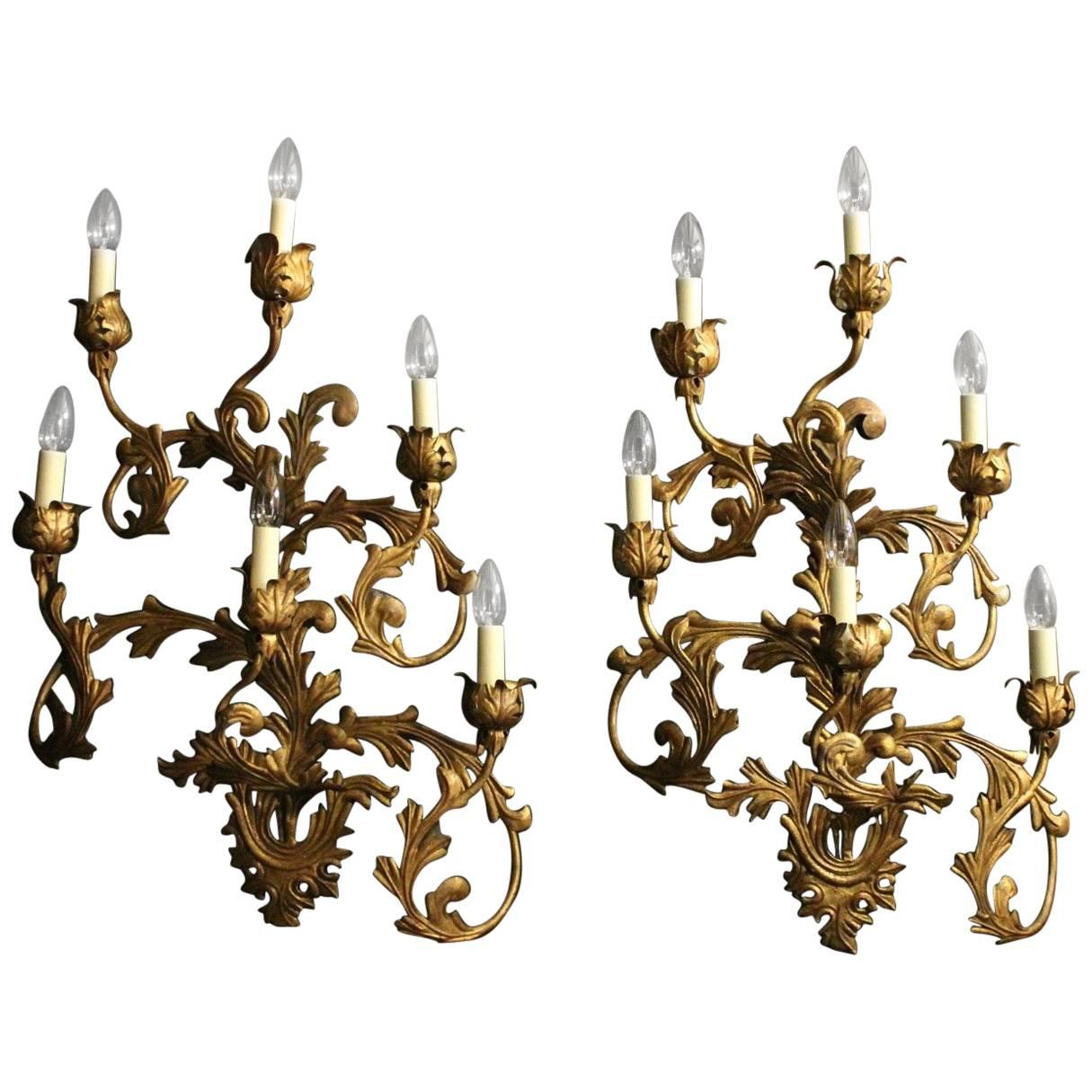 Florentine Large Pair of Gilded Six-Arm Leaf Wall Lights