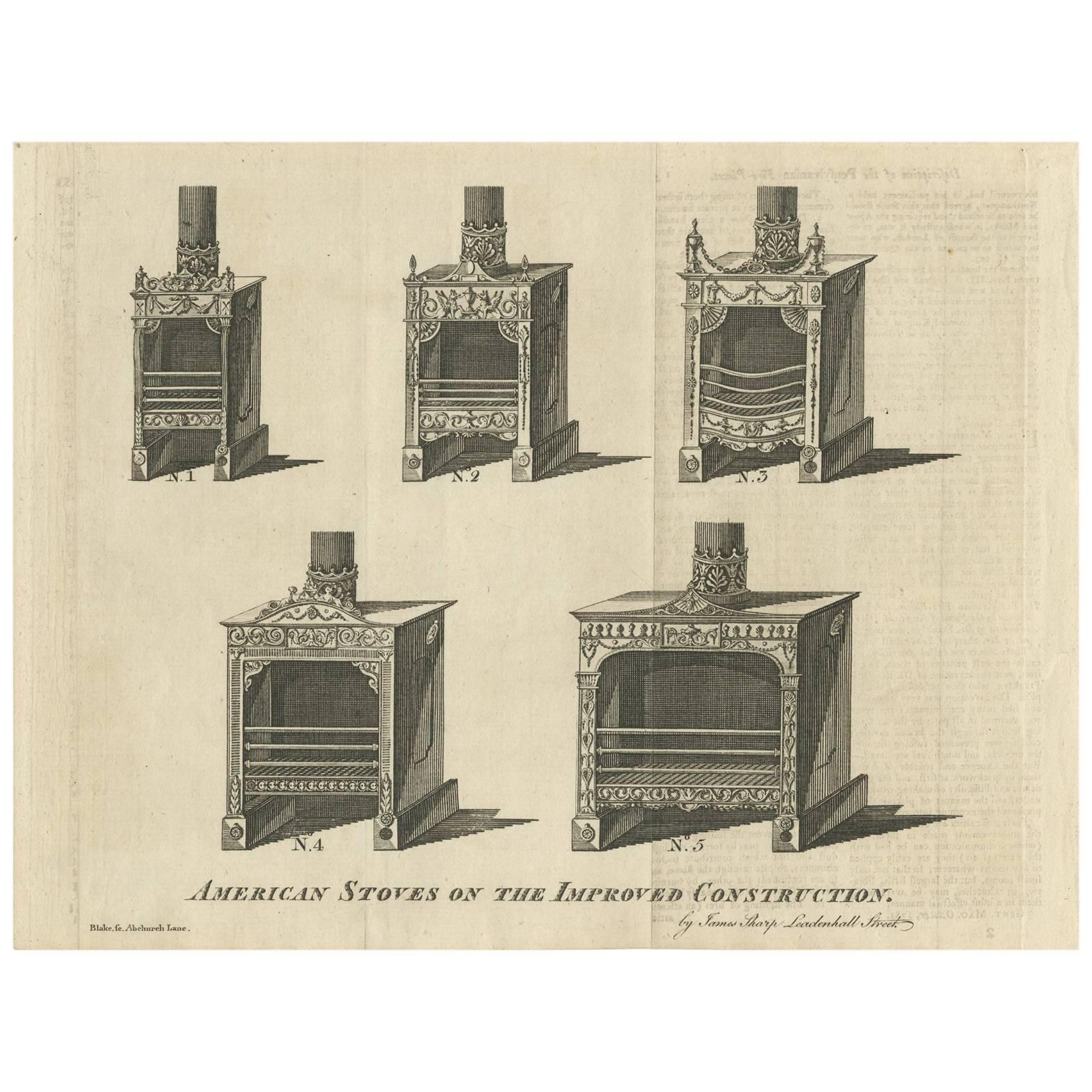 Antique Print of American Stoves Published in the Gentleman's Magazine, 1781 For Sale