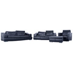 Designer Sofa Set Black Three-Seat Leather Modern Couch 3+2+1+Foot Stool