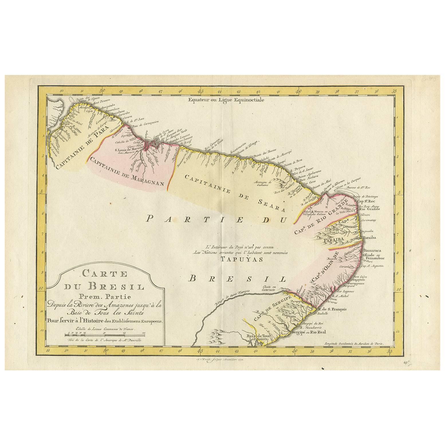Carte ancienne de la partie orientale du Brésil par A. Van Krevelt, 1772
