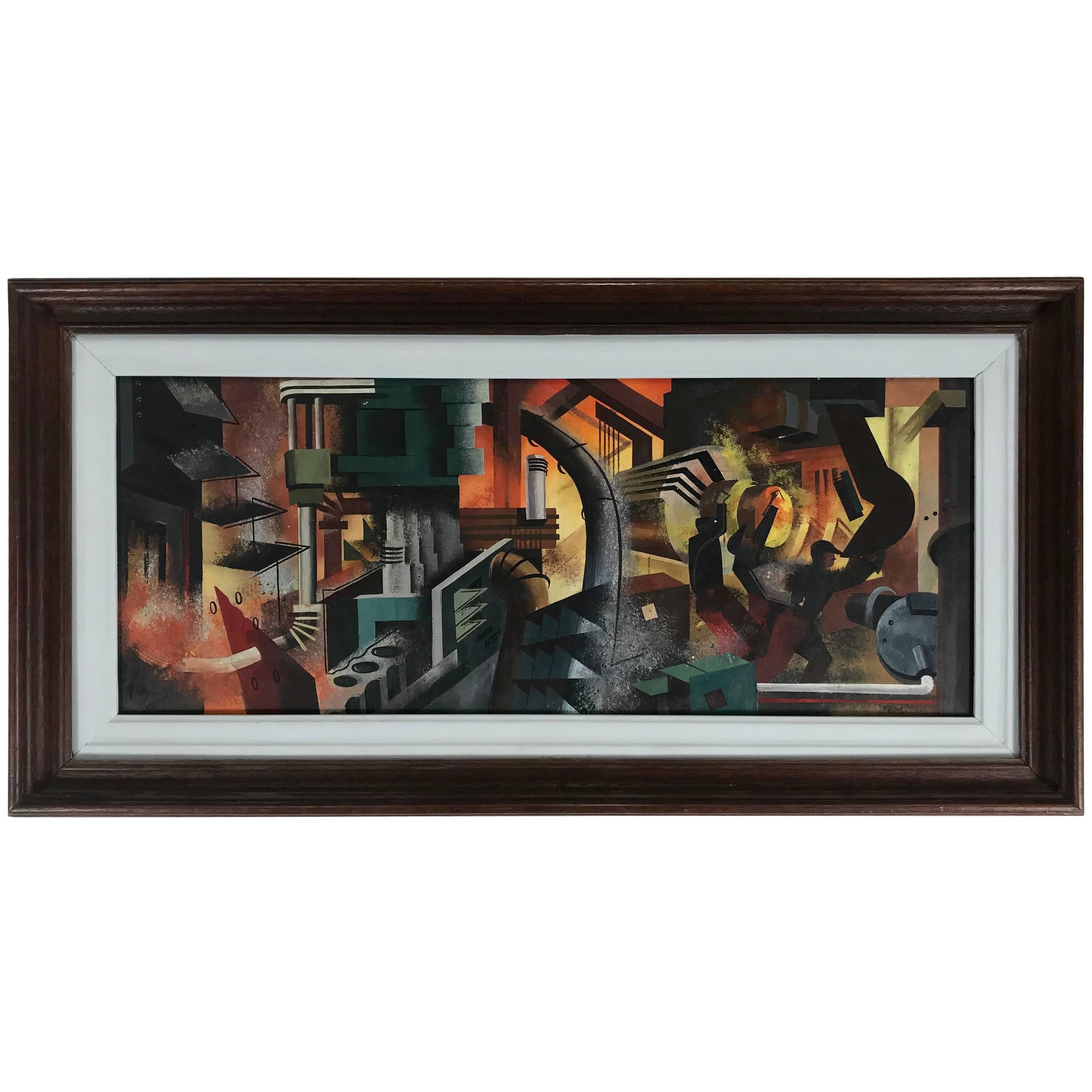 Well Executed Modern Industrialist Oil Painting Futuristic Factory Workers  For Sale