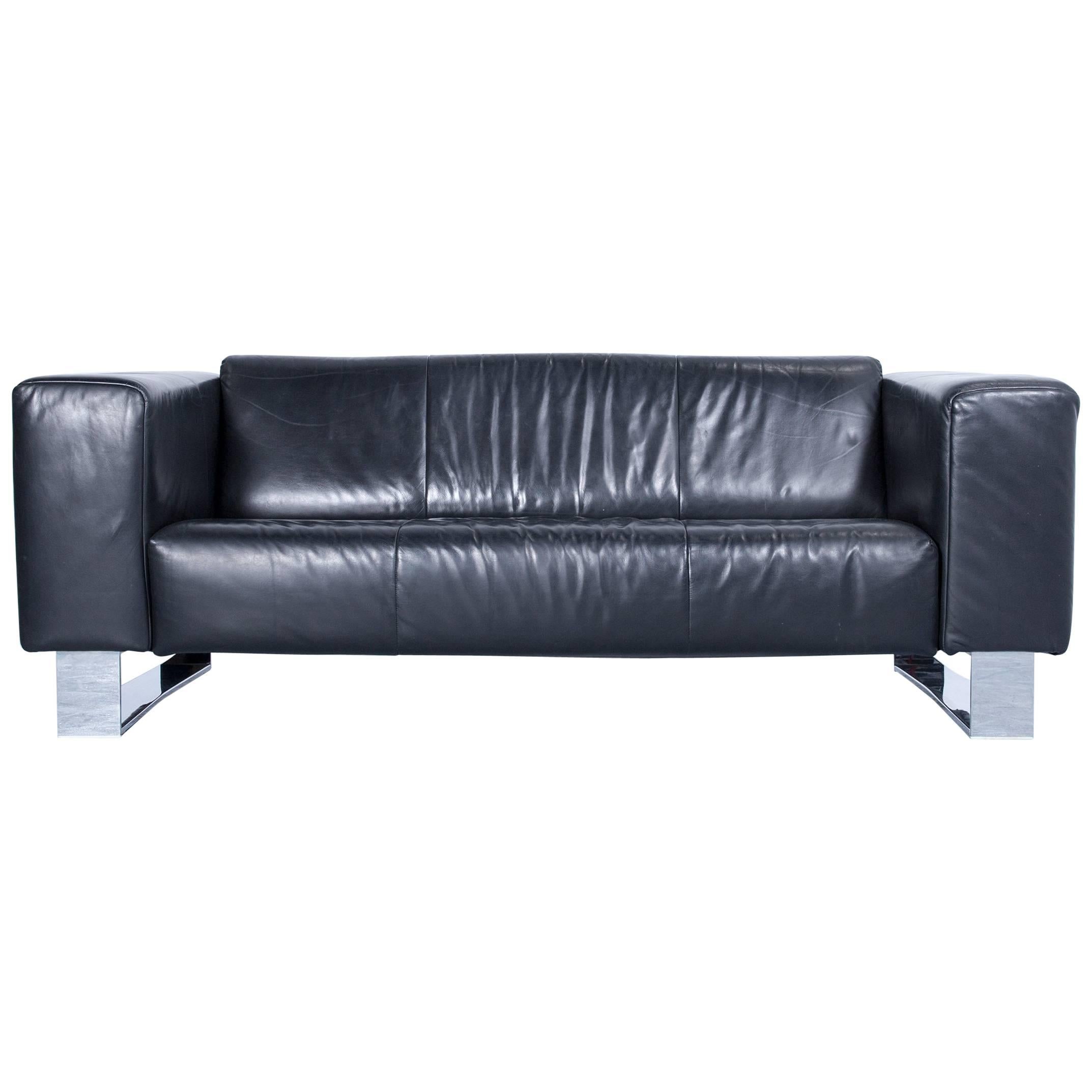 Rolf Benz Bmp Designer Sofa Leder Schwarze Dreisitzer-Kommode Modern Metall Chrom