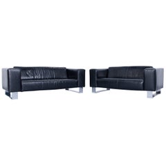 Rolf Benz Bmp Designer Sofa Set Leather Black Three-Seat Couch Chrome 3+2