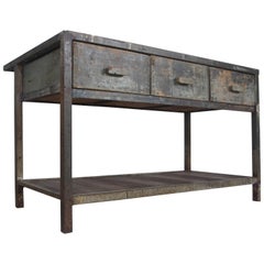 Vintage Steel Framed Workbench Kitchen Island with Concrete Style Top
