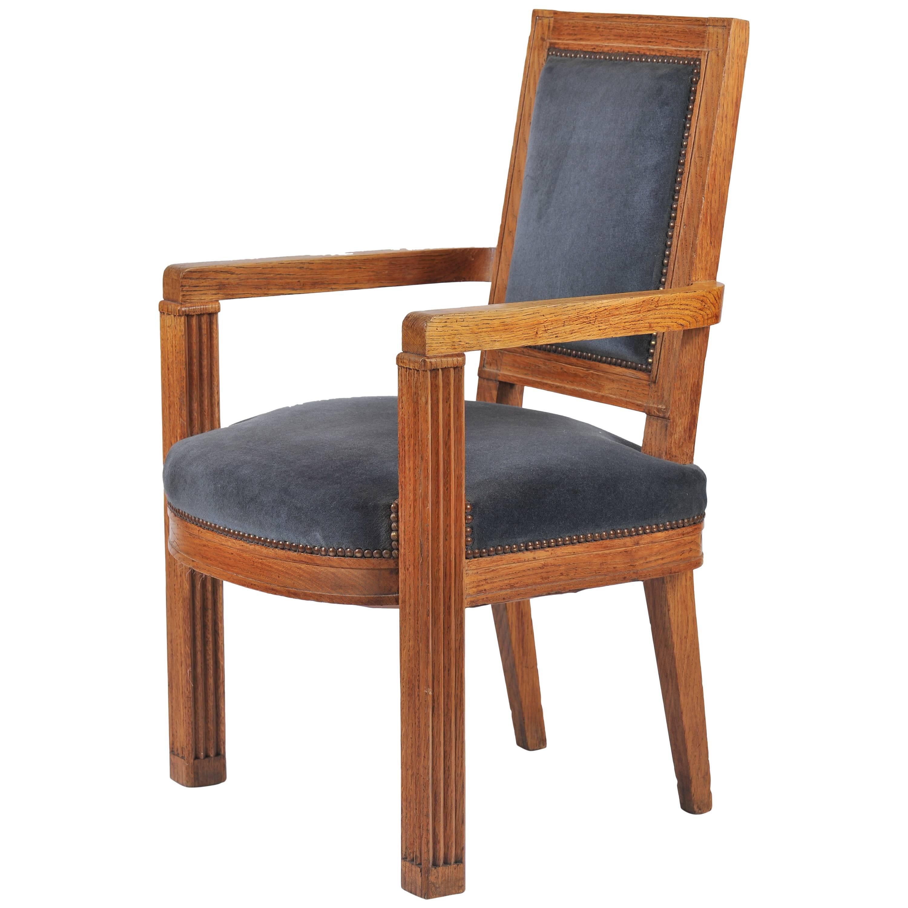 French 1940s Carved Oak Armchair by Charles Dudouyt