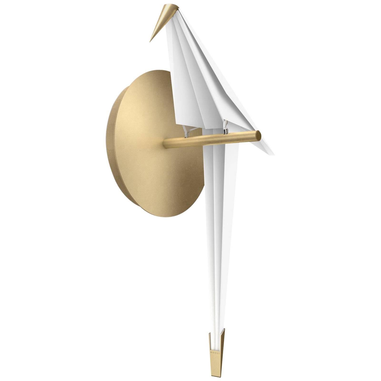 Moooi Perch LED Wall Sconce Light in Brass with Large White Bird For Sale