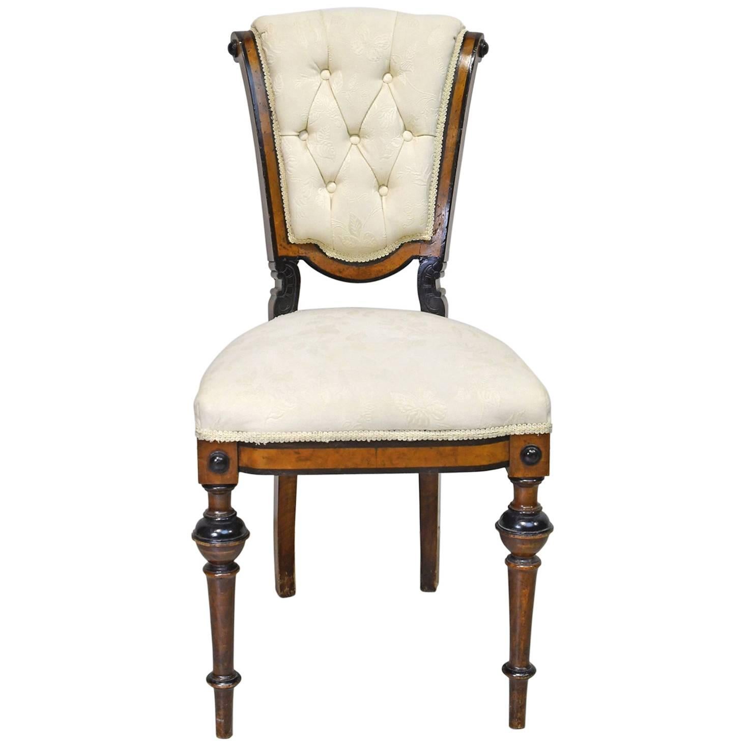 19th Century Walnut Side Chair with Ebonized Bandings, Upholstered Seat and Back