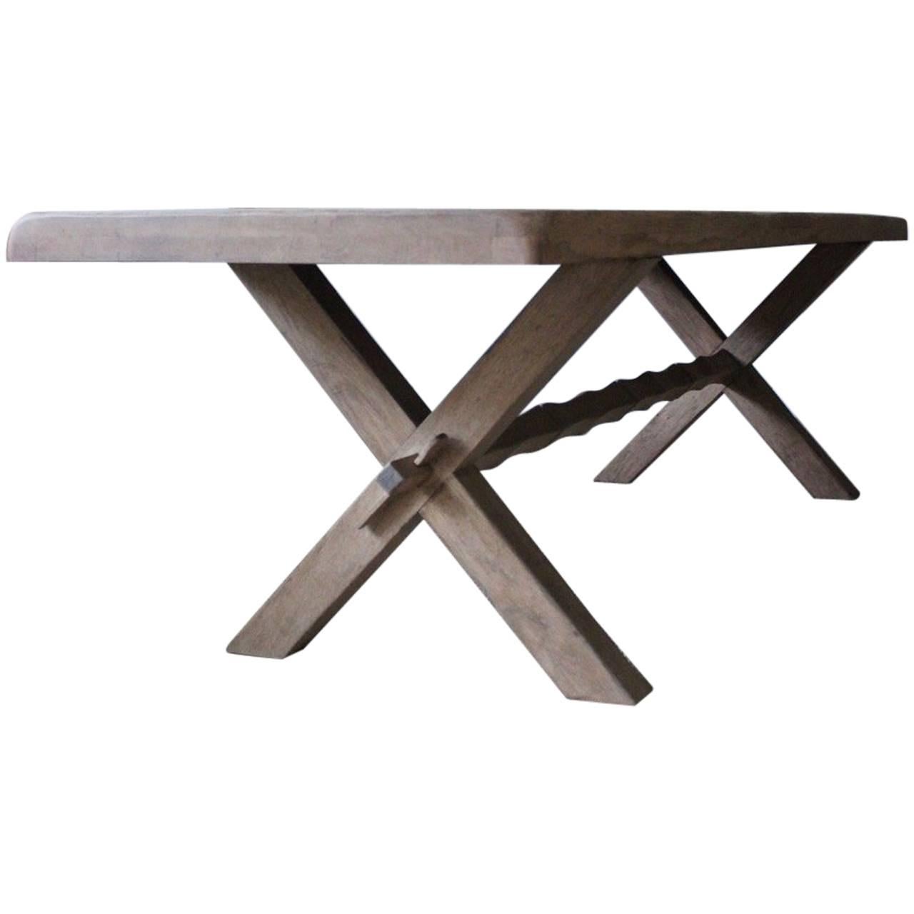 Large 1940s Bleached Oak X-Frame Dining Table