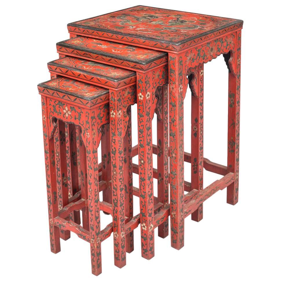 Chinese Red Lacquered Nest of Quarteto Tables For Sale