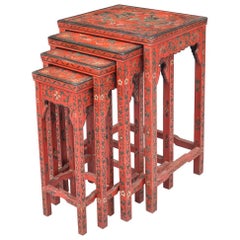 Antique Chinese Red Lacquered Nest of Quarteto Tables