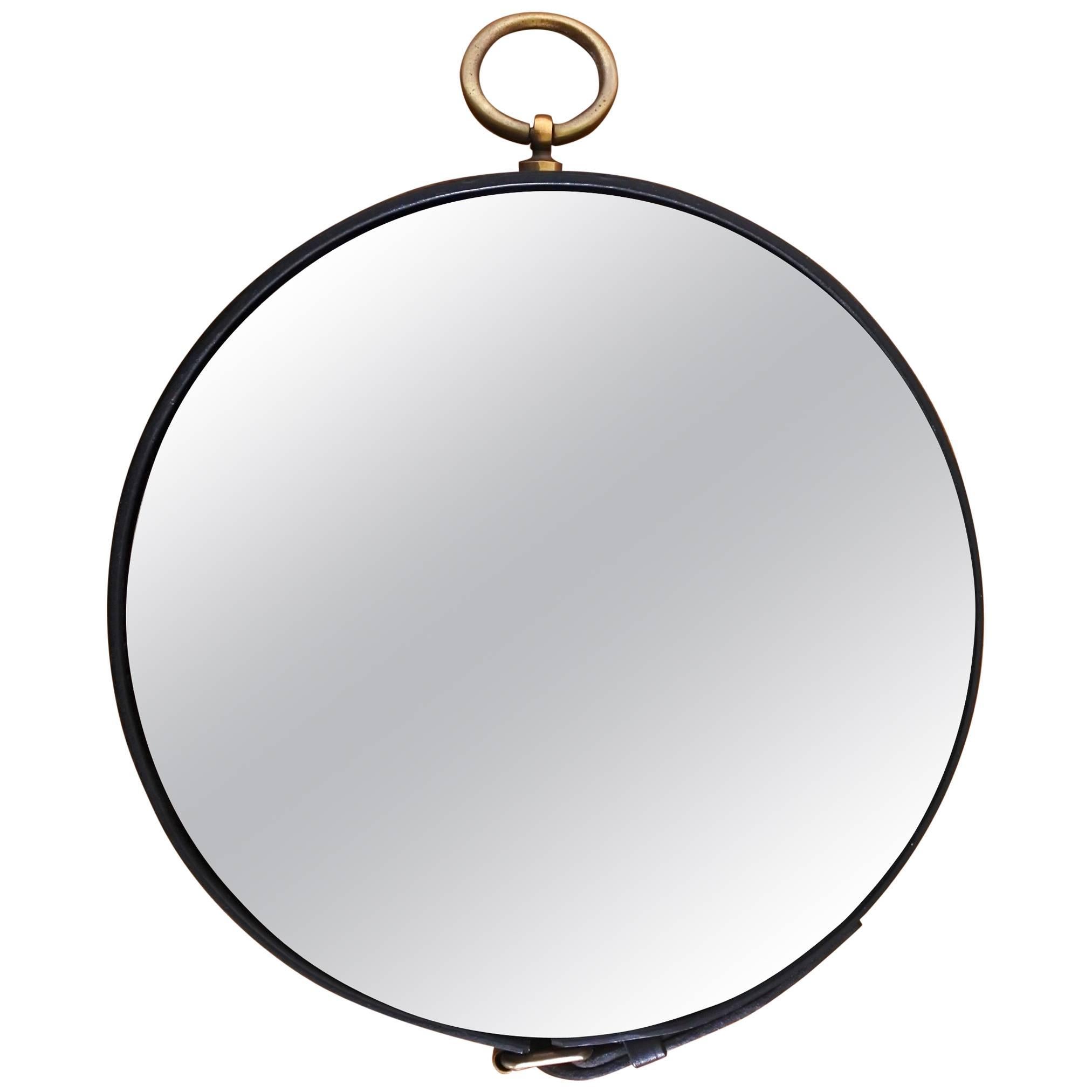 Midcentury Stitched Leather Wall Mirror Attributed to Jacques Adnet, France 1950