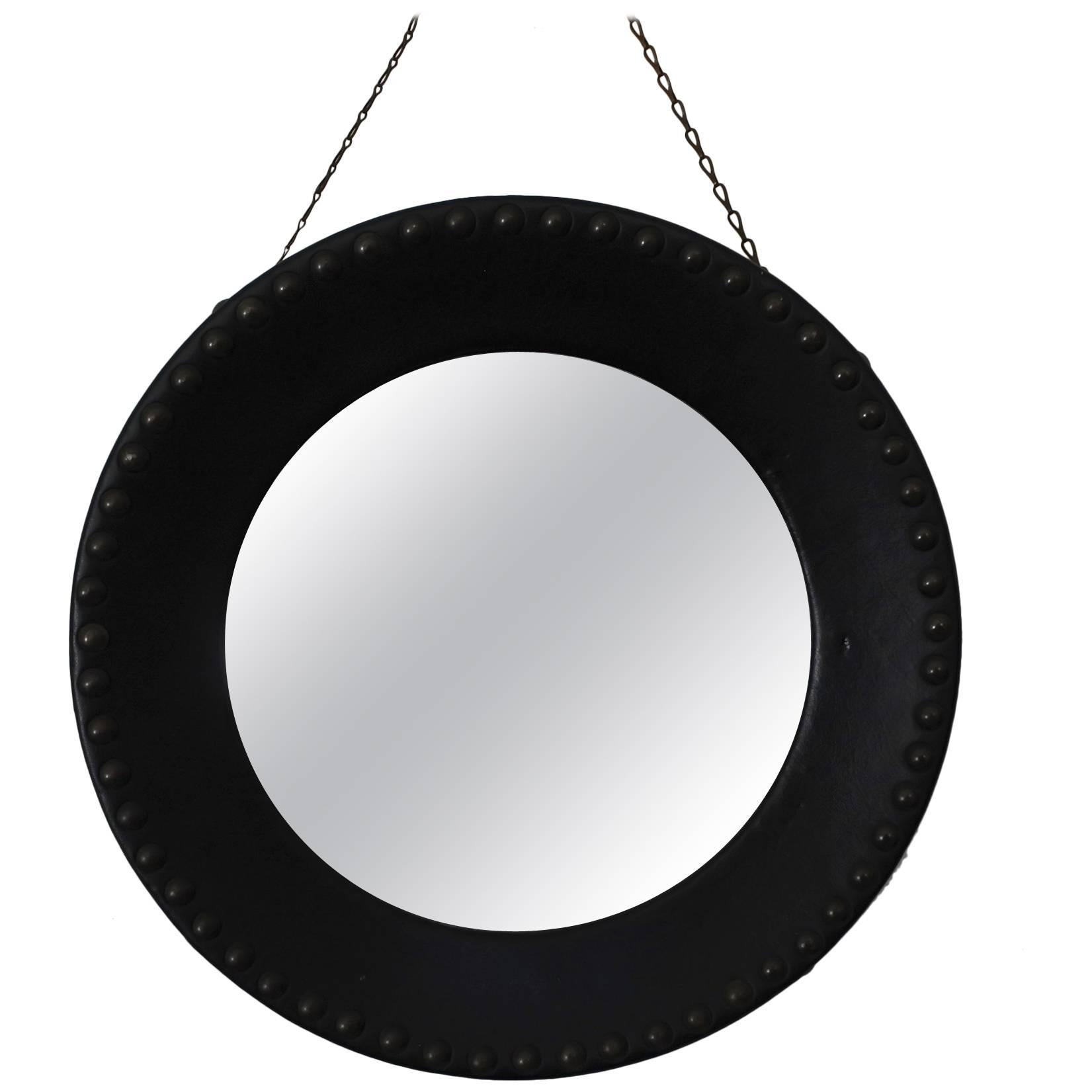 Midcentury Round Wall Convex Mirror in the Manner of Jacques Adnet, France 1950 For Sale