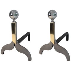 Pair of Modernist Brushed Steel, Chrome and Brass Fire Andirons