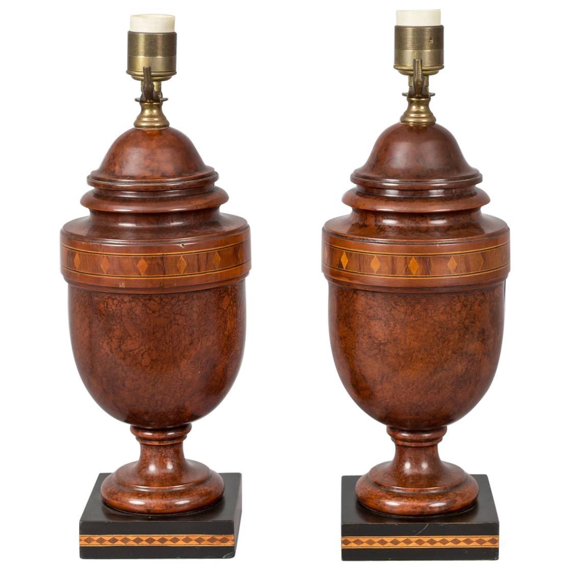 Pair of English Inlaid Walnut Lamps